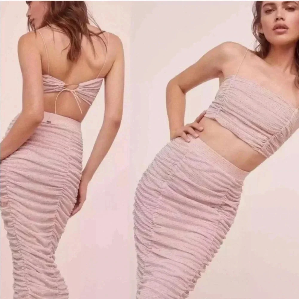 For Love & Lemons pink glitter ruched midi skirt